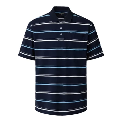 Classic Fit Navy, Periwinkle and White Striped Men's Polo Shirt with Contrasting Collar