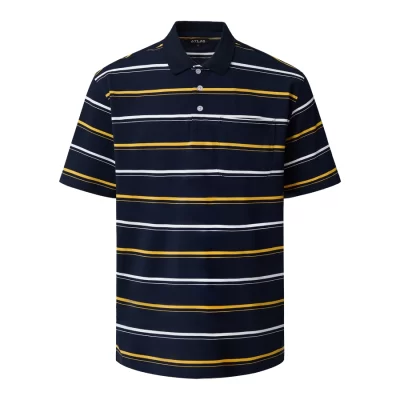 Classic Fit Navy, Mustard and White Striped Men's Polo Shirt with Contrasting Collar