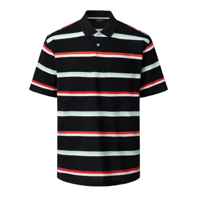 Classic Fit Navy, Mint and Coral Striped Men's Polo Shirt with Contrasting Collar