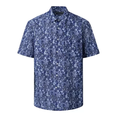 Blue Leaf Patterned Men's Short Sleeved Shirt