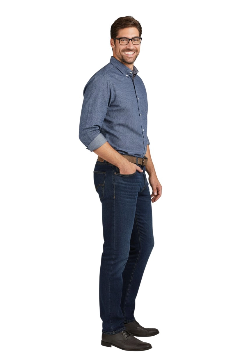 Maurio jeans and dress shirt on model